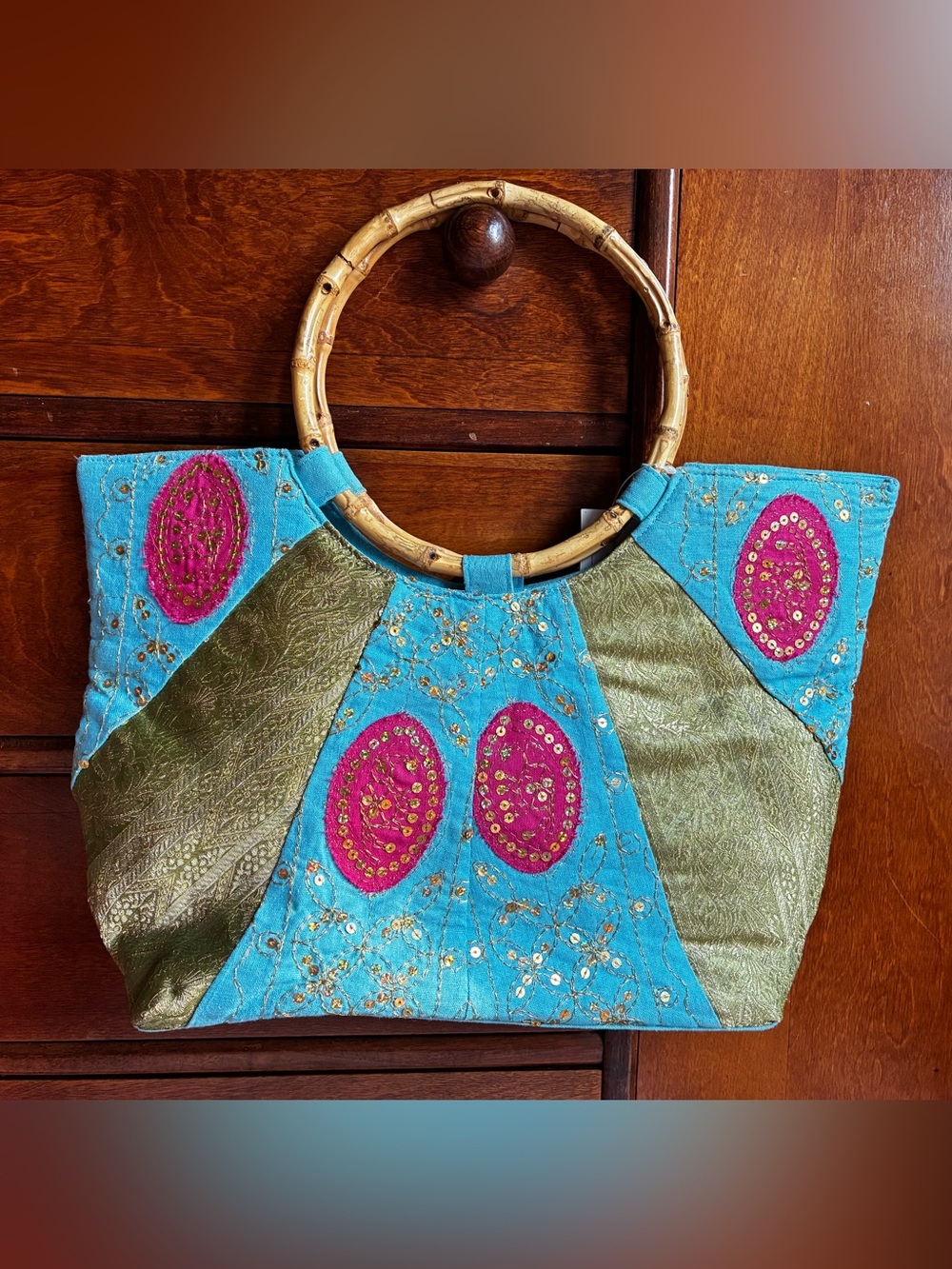 Colorful Turquoise, Green & Pink Embroidered Bamboo-Handle Tote